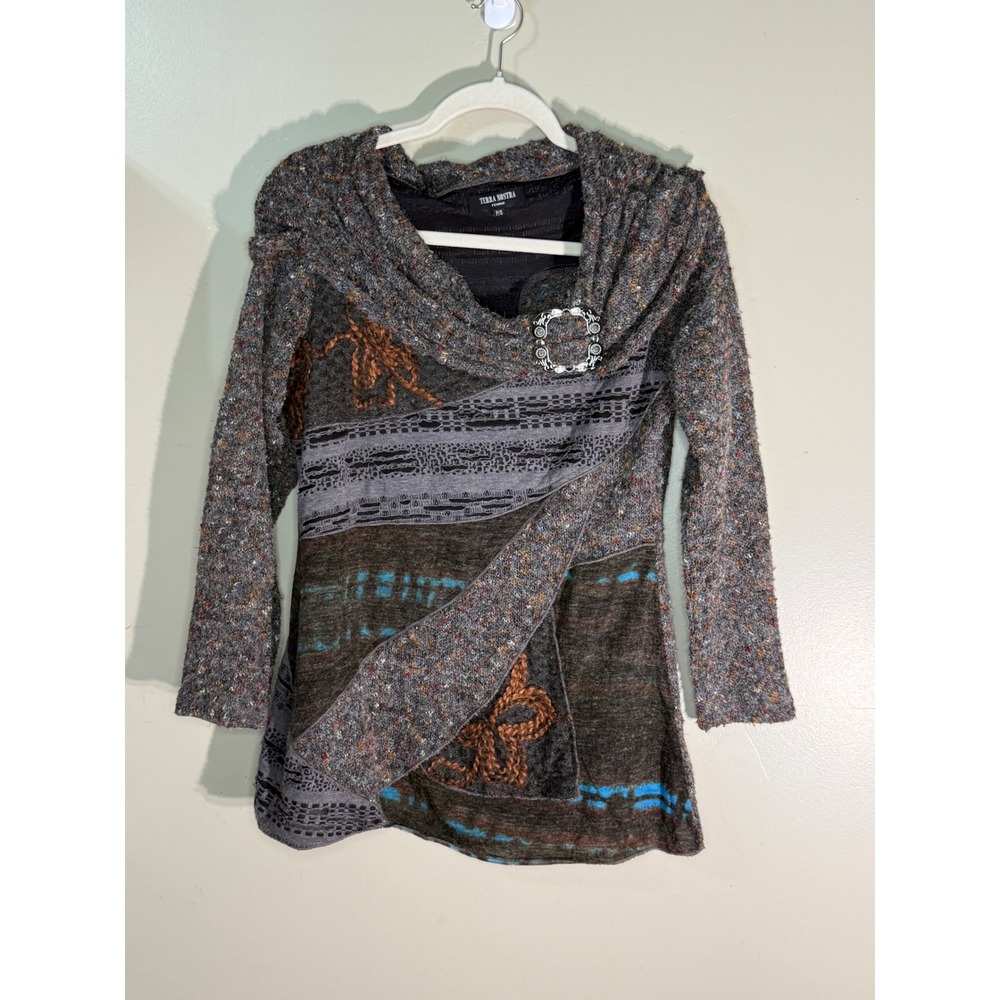 Terra Nostra Femme Cowl Neck Mixed Media Buckle Top Grey Brown P/S 8071C